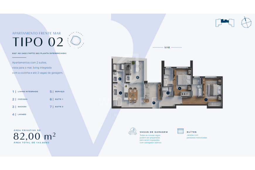 JD1503 - Blue Coast - Apartamento com Vista Mar de 02 suítes