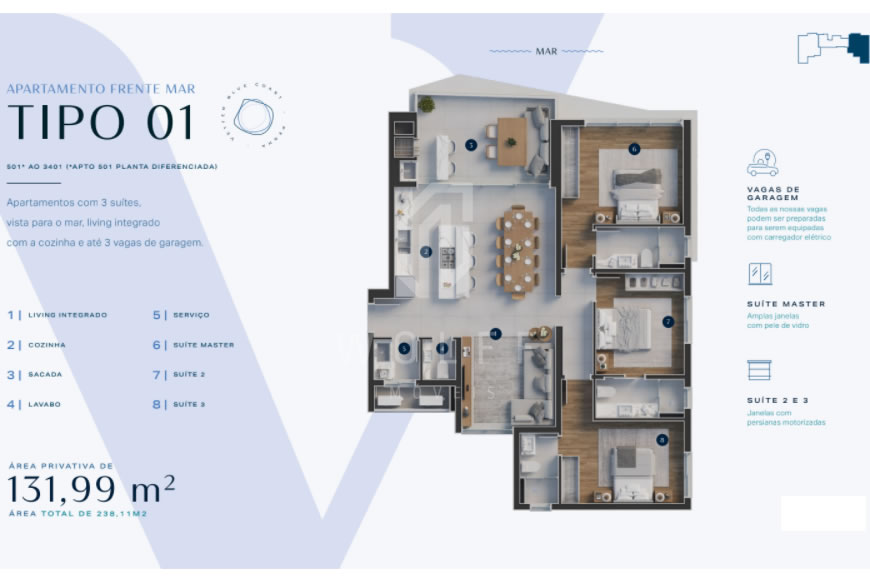 JD1525 - Blue Coast - Apartamento com Vista Mar de 03 suítes