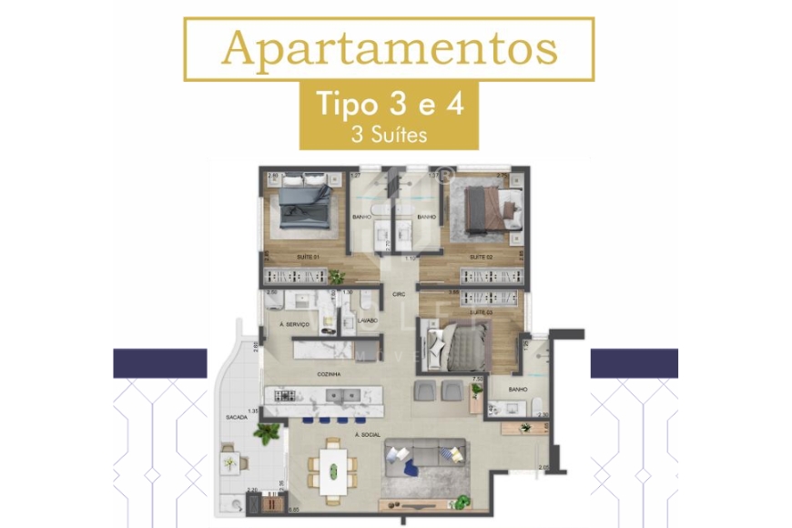 JD1576 - Apartamentos a 50 metros do Mar com 3 suítes